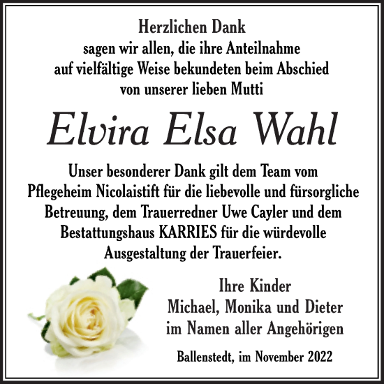 Traueranzeige von Elvira Elsa Wahl von Trauerkombi Quedlinburg