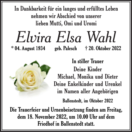 Traueranzeige von Elvira Elsa Wahl von Trauerkombi Quedlinburg