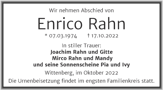 Traueranzeige von Enrico Rahn von Trauerkombi Wittenberg