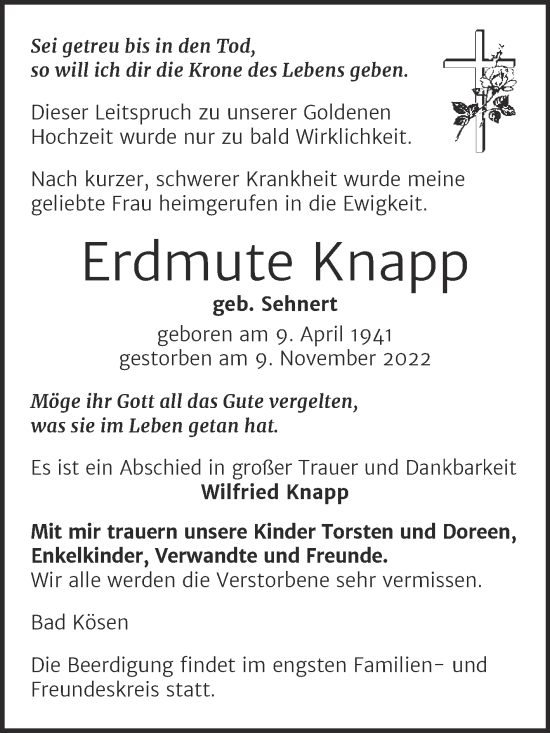 Traueranzeige von Erdmute Knapp von Naumburger Tageblatt