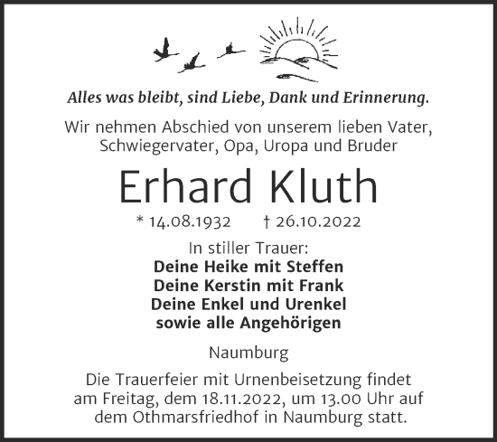 Traueranzeige von Erhard Kluth von Wochenspiegel Naumburg/Nebra