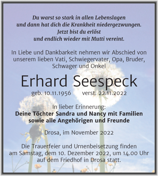 Traueranzeige von Erhard Seespeck von Trauerkombi Köthen