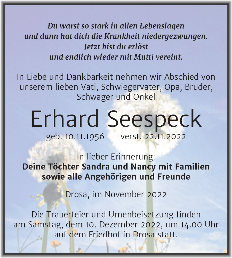  Traueranzeige für Erhard Seespeck vom 26.11.2022 aus Trauerkombi Köthen
