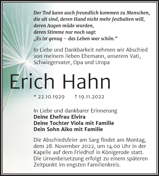 Traueranzeige von Erich Hahn von Trauerkombi Quedlinburg