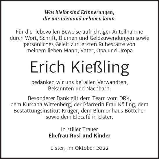 Traueranzeige von Erich Kießling von Trauerkombi Wittenberg