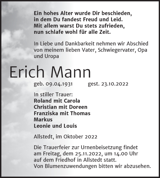 Traueranzeige von Erich Mann von Trauerkombi Sangerhausen