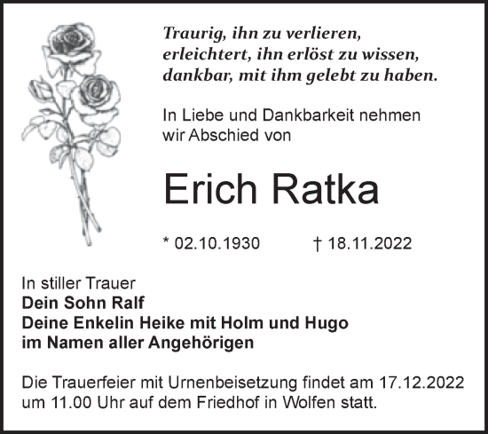 Traueranzeige von Erich Ratka von Trauerkombi Bitterfeld