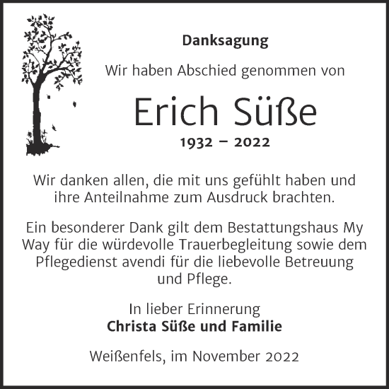 Traueranzeige von Erich Süße von Trauerkombi Weißenfels