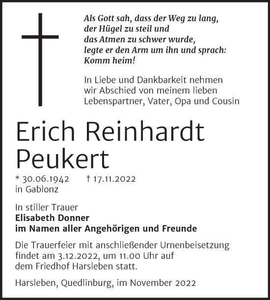 Traueranzeige von Erich Reinhardt Peukert von Trauerkombi Quedlinburg