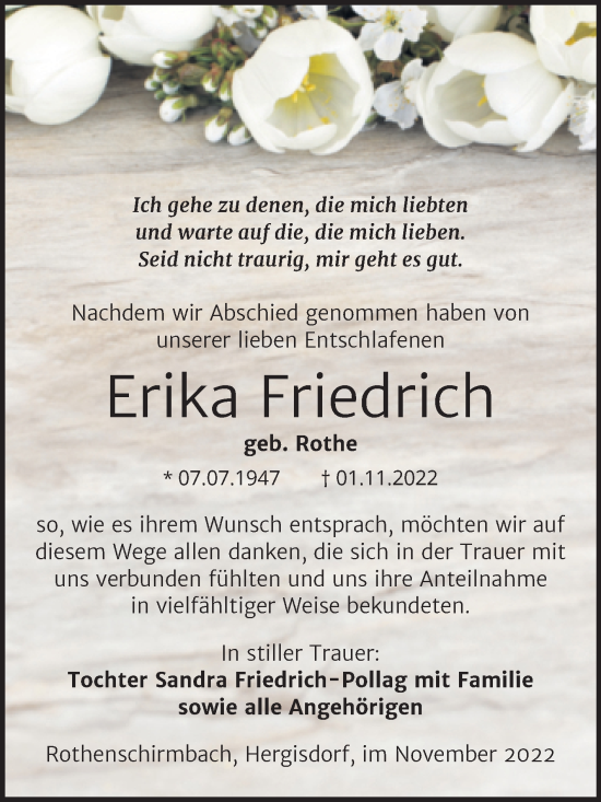 Traueranzeige von Erika Friedrich von Trauerkombi Mansfelder Land