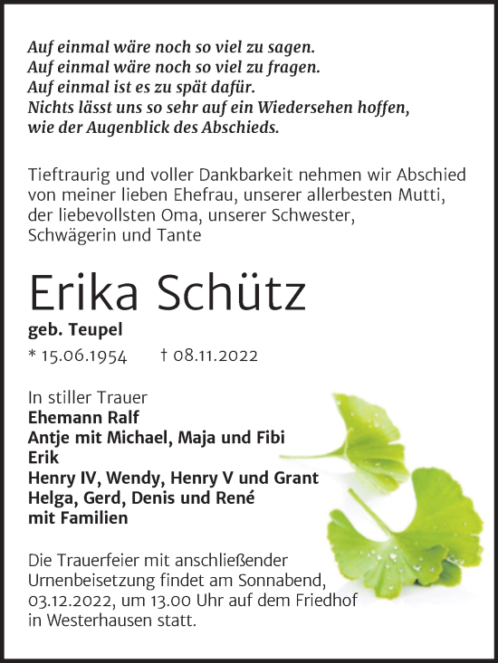 Traueranzeige von Erika Schütz von Trauerkombi Quedlinburg