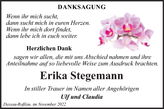 Traueranzeige von Erika Stegemann von Trauerkombi Dessau