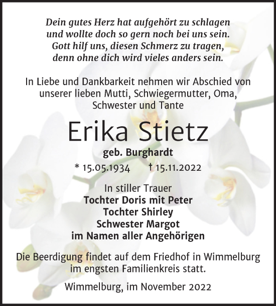 Traueranzeige von Erika Stietz von Trauerkombi Mansfelder Land