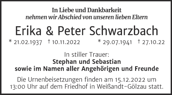 Traueranzeige von Erika und Peter Schwarzbach von Mitteldeutsche Zeitung Köthen