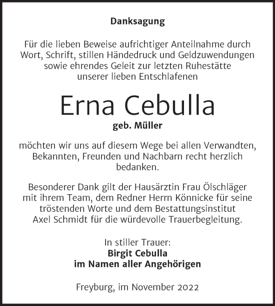Traueranzeige von Erna Cebulla von Wochenspiegel Naumburg/Nebra