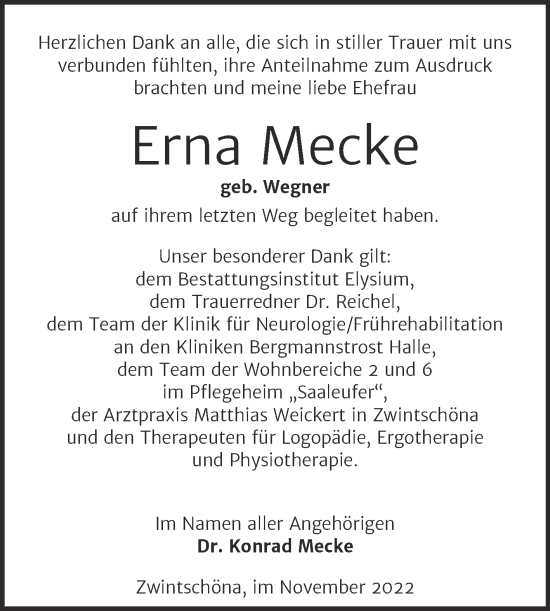Traueranzeige von Erna Mecke von Mitteldeutsche Zeitung Halle/Saalkreis
