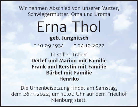 Traueranzeige von Erna Thol von Trauerkombi Bernburg