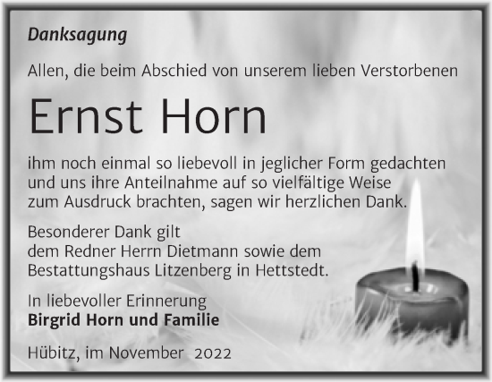 Traueranzeige von Ernst Horn von Mitteldeutsche Zeitung Mansfelder Land