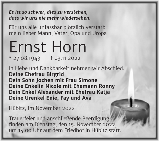 Traueranzeige von Ernst Horn von Mitteldeutsche Zeitung Mansfelder Land