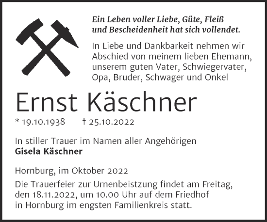 Traueranzeige von Ernst Käschner von Trauerkombi Mansfelder Land
