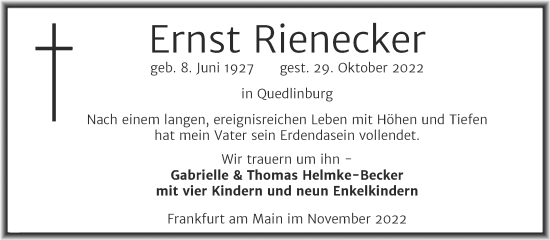 Traueranzeige von Ernst Rienecker von Mitteldeutsche Zeitung Quedlingburg