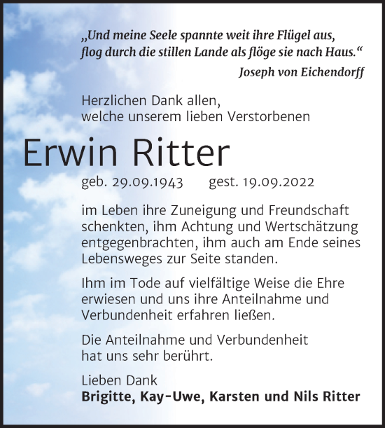 Traueranzeige von Erwin Ritter von Trauerkombi Mansfelder Land