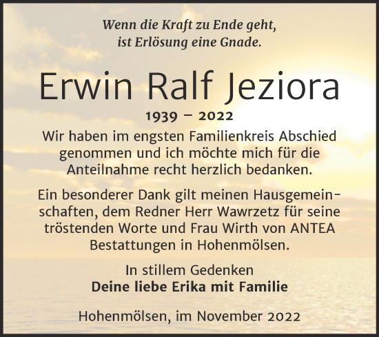 Traueranzeige von Erwin Ralf Jeziora von Trauerkombi Weißenfels