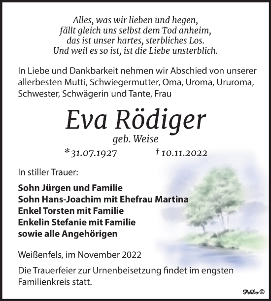 Traueranzeige von Eva Rödiger von Trauerkombi Weißenfels