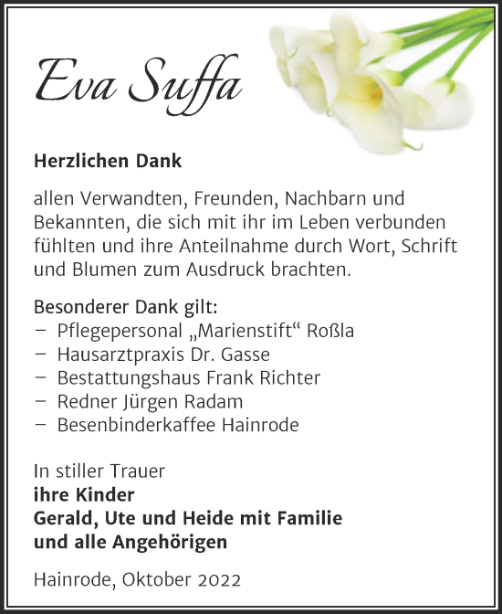 Traueranzeige von Eva Suffa von Trauerkombi Sangerhausen