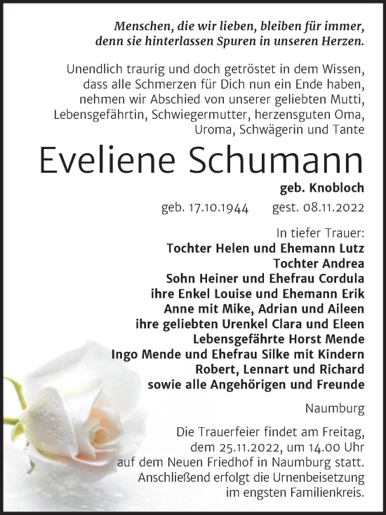 Traueranzeige von Eveliene Schumann von Wochenspiegel Naumburg/Nebra