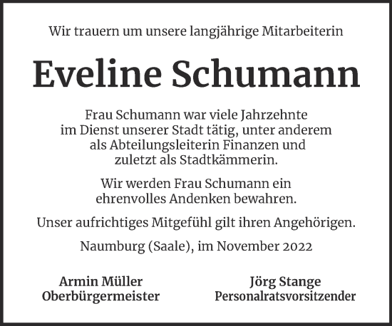 Traueranzeige von Eveline Schumann von Naumburger Tageblatt