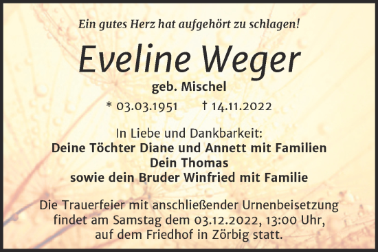Traueranzeige von Eveline Weger von Trauerkombi Bitterfeld