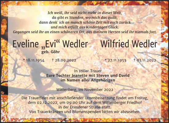 Traueranzeige von Eveline und Wilfried Wedler von Trauerkombi Wittenberg