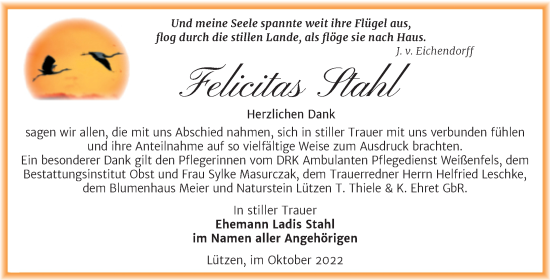 Traueranzeige von Felicitas Stahl von Trauerkombi Weißenfels