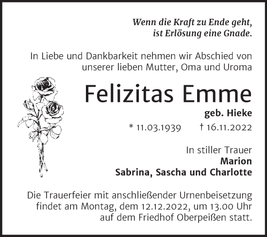 Traueranzeige von Felizitas Emme von Trauerkombi Bernburg