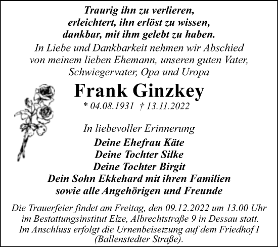 Traueranzeige von Frank Ginzkey von Trauerkombi Dessau