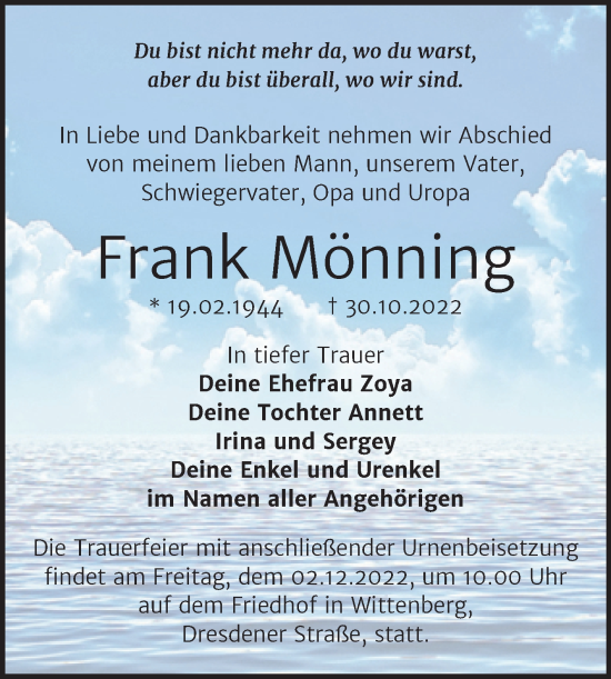 Traueranzeige von Frank Mönning von Trauerkombi Wittenberg