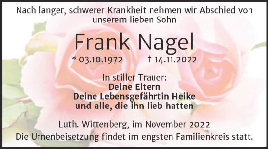 Traueranzeige von Frank Nagel von Trauerkombi Wittenberg