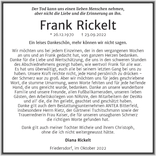 Traueranzeige von Frank Rickelt von Trauerkombi Bitterfeld