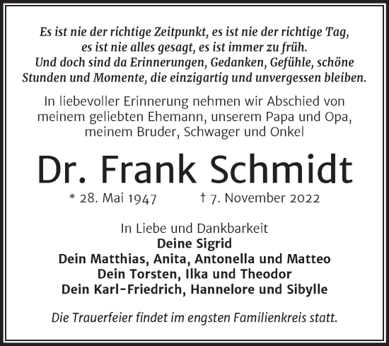 Traueranzeige von Frank Schmidt von Mitteldeutsche Zeitung Halle/Saalkreis