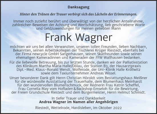 Traueranzeige von Frank Wagner von Trauerkombi Sangerhausen