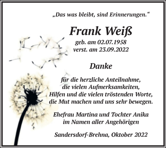 Traueranzeige von Frank Weiß von Trauerkombi Bitterfeld