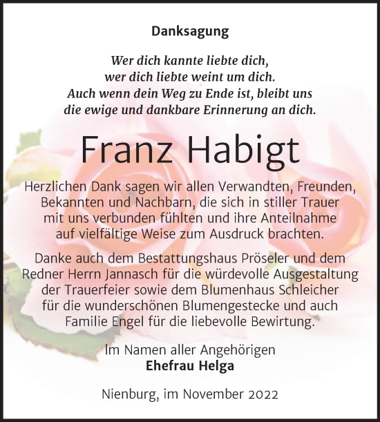 Traueranzeige von Franz Habigt von Trauerkombi Bernburg