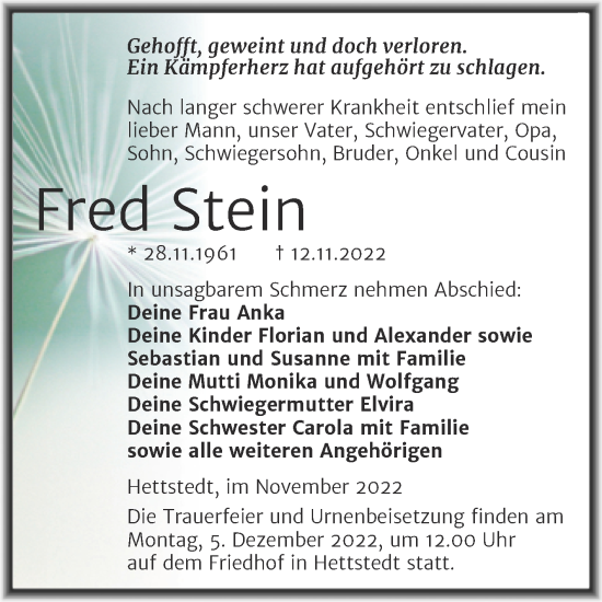 Traueranzeige von Fred Stein von Trauerkombi Mansfelder Land