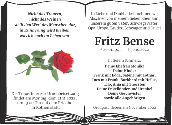 Traueranzeige von Fritz Bense von Trauerkombi Köthen