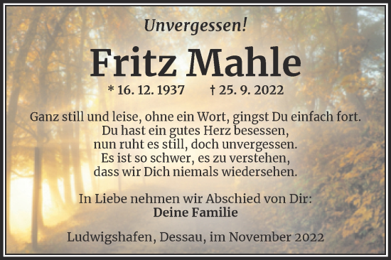 Traueranzeige von Fritz Mahle von Trauerkombi Dessau