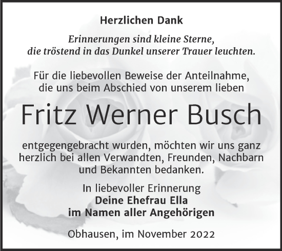 Traueranzeige von Fritz Werner Busch von Trauerkombi Merseburg