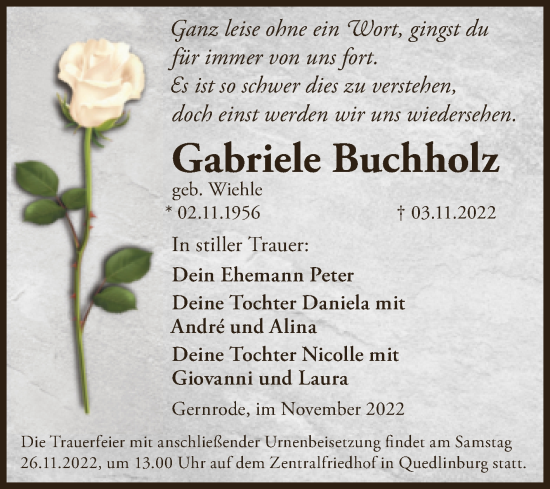 Traueranzeige von Gabriele Buchholz von Trauerkombi Quedlinburg