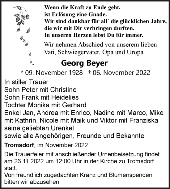 Traueranzeige von Georg Beyer von Wochenspiegel Naumburg/Nebra