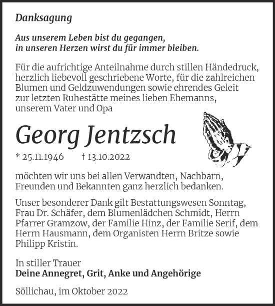 Traueranzeige von Georg Jentzsch von Trauerkombi Wittenberg